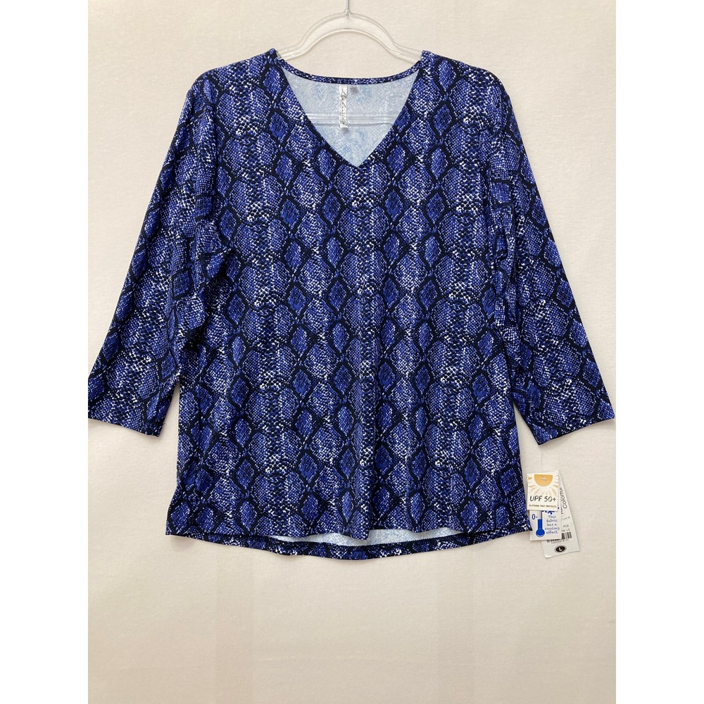 New Lulu-B Top Large Blue Snakeskin UPF 50+ Cooling 3/4 Sleeve V-Neck Active